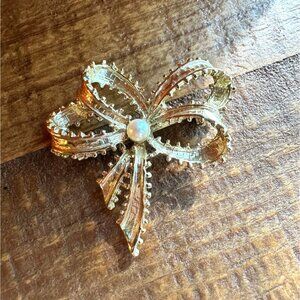 Vintage 1980s Gold-Tone Bow Brooch With Faux Pearl Accent Delicate Coquette
